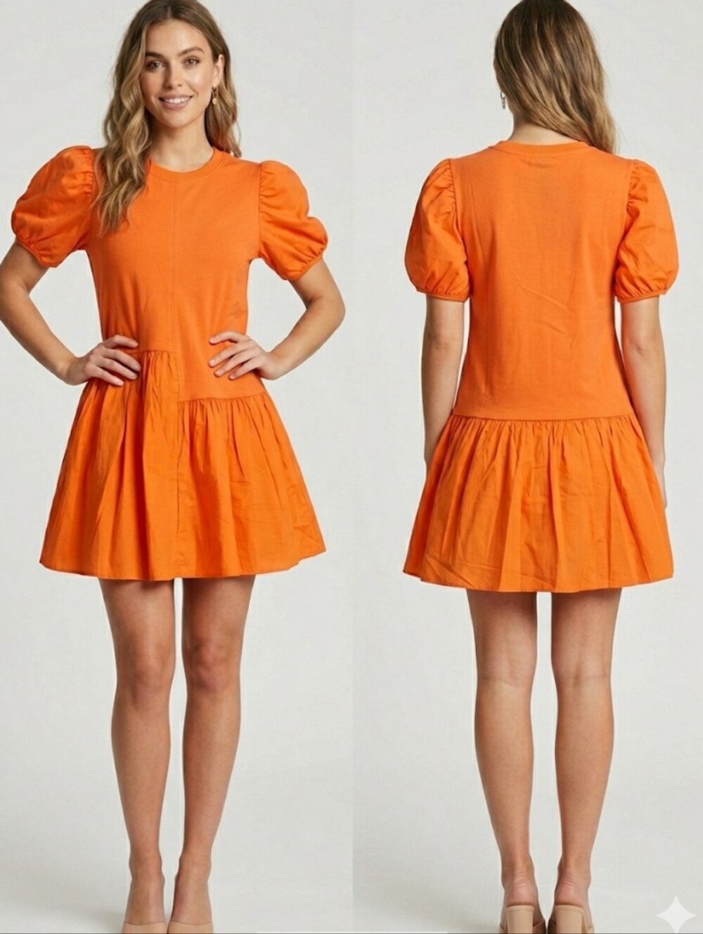 English Factory Puff Sleeve Mini Dress Orange NWT Size Small Poplin Babydoll
